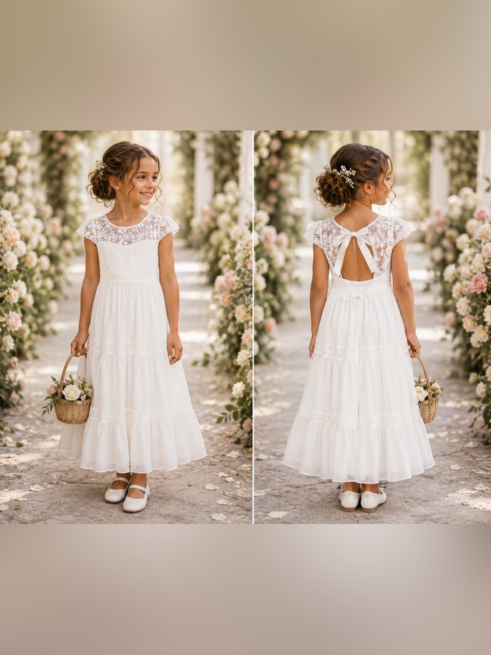 Azazie White Lace Bodice Tiered Formal Dress for Girls